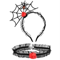 Halloween headband and choker set with black spider web lace and red roses décor - 13# Lace Spider Rose Set
