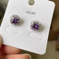 Elegant sterling silver square stud earrings featuring a purple zircon stone inlay - Silver Purple Rhinestone