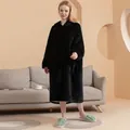 Oversized black hooded flannel wearable blanket with large pocket for winter warmth - Female Style / Black
