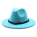 Detail showing high-quality cyan wool felt fedora with a black braided leather band - Lake Blue