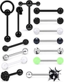 Set of 14 stainless steel tongue rings featuring black, silver, and neon green acrylic beads - Black Zirconia Set