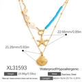 Collar de doble capa en acero inoxidable dorado con cuentas azules y colgante de concha - XL31593-Estrella de Mar y Concha / Dorado