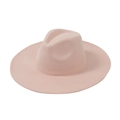Detail view of pink wool felt fedora hat featuring classic wide brim and top stitching - One Size / Lotus root pink