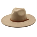 Classic khaki wide brim wool fedora hat with brown leather band and silver metal rivets - M (56-58cm) / Khaki