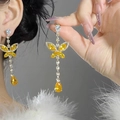Boucles d'oreilles papillon jaune vintage avec pendentif cœur cristal et glands longs - 58# Boucles d'oreilles pendantes papillon zircone jaune doré (aiguille en argent)