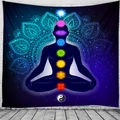 Detailansicht Wandteppich mit Chakra-Symbolen und Mandala auf einer weißen Ziegelwand - 150x130cm / Dunkelblau Chakra