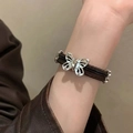 Punk brown leather wrap choker with silver butterfly charm for a y2k aesthetic look - Leather Bracelet L0009S