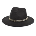 Black straw jazz hat with golden square studs for summer beach sun protection - M (56-58cm) / Black