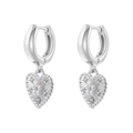 Detailed macro view of heart-shaped pearl and zircon inlay on silver C-shaped hoop earrings - Vintage Heart Pearl Dangle Earring / Silver