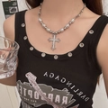Elegant pearl necklace with silver cross pendant and rhinestones on a female model - Silver Cross Artificial Pearl Necklace (X1248B)