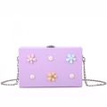 Chic purple rectangular handbag with colorful 3D floral accents and silver chain strap - Purple