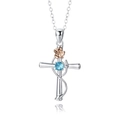 Silver steel cross pendant necklace with rose gold cherry blossom and blue birthstone - Cross March Cherry Blossom