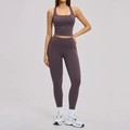 Women's tight spring sports set with square neck crop top and leggings in deep purple - S / Eggplant Purple