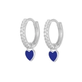 Macro shot of silver-colored heart earrings with blue enamel and sparkling rhinestones - Platinum-Blue