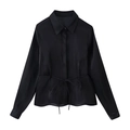 Detail of black silk blouse with glossy finish, lapel collar and adjustable waist belt - XS / Black
