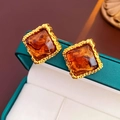 Close-up of vintage square earrings with amber stone in gold frame on green velvet box - 26# Silver Earring Post - Gold - Coffee - Square
