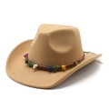 Detail of khaki cowboy hat featuring wool felt texture and colorful stone woven band - M (56-58cm) / Camel