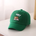Dettaglio dello Shiba Inu ricamato e della scritta HEY su un cappellino da baseball verde - 52cm / Verde