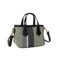 Compact striped canvas tote bag with blue and white pattern and black leather handles - Black Blue
