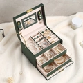 Three-layer green PU leather jewelry box with mirror and soft beige velvet lining - 17.5*14*13cm / Dark Green