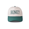 Detailed view of the 3D embroidered Honey lettering on the cotton baseball cap brim - Adjustable / Honey Dark Green