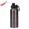 Dark grey matte 1L stainless steel vacuum insulated water bottle with carry loop - Metallic Black-Sports Lid