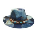 Blue patchwork denim cowboy hat with brown leather band and turquoise bead accents - One Size / Royal Blue (Denim Blue Yellow Belt)