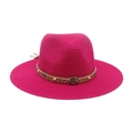 Chapeau de paille fuchsia avec ruban ethnique perlé et pierre décorative centrale - Rose rouge