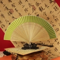 Chinese retro green silk folding fan with bamboo carved frame and black wooden base - 42 Square Gradient Green Wood