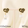 Golden heart knot earrings with black enamel and white pearl drop, size 15x12mm - Black Enamel Heart Knot with Small Pearl (KE115925-GC)