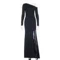 Detail of black sequined dress showing one-shoulder long sleeve and high side slit design - S / Black
