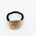 Detailed view of black elastic hair tie with textured golden hammer-patterned metal buckle - Classic Hammered Clasp (Hair Tie 17)