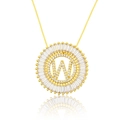 Elegant gold-plated round pendant necklace with letter W and sparkling cubic zirconia stones - Gold Letter-W