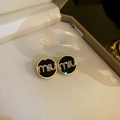 Elegant gold-tone floral earrings with black enamel and mu mu sparkling rhinestones - 11# Silver Pin - Black Miu Letter