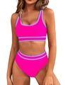 Detail view of fluorescent pink sporty bikini set with purple trim and high waist - Rose Red