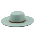 Detail of light green wool felt fedora featuring a brown leather strap and gold buckle - M (56-58cm) / Mint Green