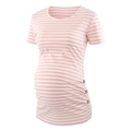 Pink and white striped maternity short sleeve T-shirt with side buttons and ruched details - S / Pink Stripe