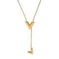Minimalist V-shaped necklace in golden finish with double geometric pendants - Gold