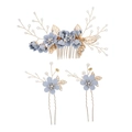 Three-piece bridal hair accessory set with blue fabric flowers, pearls and golden leaves - Set 6 (3pcs) / Light Blue