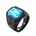 Anello massonico in acciaio nero con una grande pietra preziosa blu di forma rettangolare - Misura 7 / Nero / Zirconia Blu