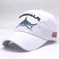 White cotton baseball cap with blue shark embroidery and American flag side patch - Adjustable / White