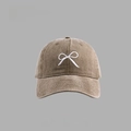 Vintage brown washed cotton baseball cap with white bow embroidery for women - Washed Cotton Bow Baseball Cap Style / Khaki