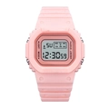 Macro detail of the pink digital sports watch with LED screen and four function buttons - Pink