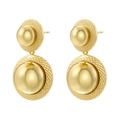 Detailed close-up of golden geometric stud earrings featuring textured mesh and smooth spheres - VE1163 / Gold Large Sphere