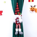 Christmas forest gnome curtain tieback with red plaid hat and striped legs on green drapes - Red