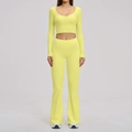Women's yellow brushed yoga set with V-neck long sleeve top and flared leggings - 3109 Long-sleeved Shirt + 3109 Flared Pants - Pale Yellow