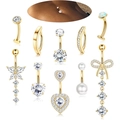 10pcs set of gold belly rings with pink hearts, butterflies and white zircon stones - Gold Series
