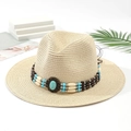Cappello di paglia Panama beige con fascia di perline boho e dettaglio in turchese - M (56-58cm) / Beige Chiaro