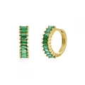 Close-up of golden hoop earrings with emerald green baguette-cut cubic zirconia - Gold Green Zirconia