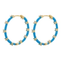 Sky blue enamel gold hoop earrings with zircon stones and polished metal finish - Gold Blue